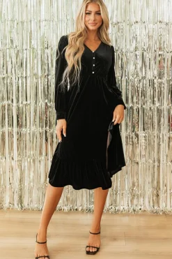 Clearance Dear-Lover Velvet Buttoned Puff Sleeve V Neck Split Midi Dress Black