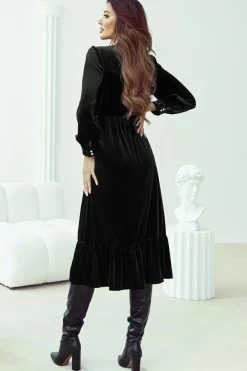 Clearance Dear-Lover Velvet Buttoned Puff Sleeve V Neck Split Midi Dress Black