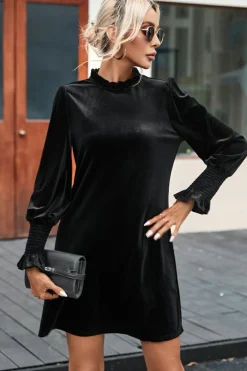 Online Dear-Lover Velvet Frill Neck Long Sleeve Shift Dress Black