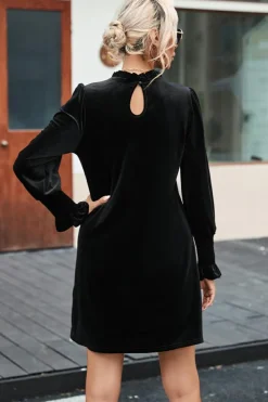 Online Dear-Lover Velvet Frill Neck Long Sleeve Shift Dress Black