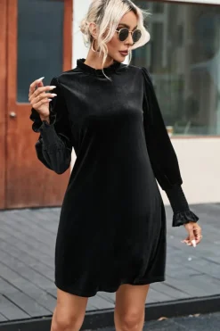 Online Dear-Lover Velvet Frill Neck Long Sleeve Shift Dress Black