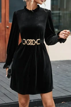 Online Dear-Lover Velvet Frill Neck Long Sleeve Shift Dress Black