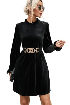 Online Dear-Lover Velvet Frill Neck Long Sleeve Shift Dress Black