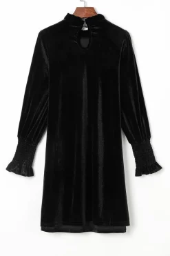 Online Dear-Lover Velvet Frill Neck Long Sleeve Shift Dress Black