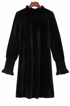 Online Dear-Lover Velvet Frill Neck Long Sleeve Shift Dress Black