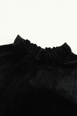 Online Dear-Lover Velvet Frill Neck Long Sleeve Shift Dress Black