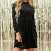 New Dear-Lover Velvet High Neck Tiered Ruffle Mini Dress Black