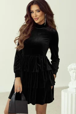 New Dear-Lover Velvet High Neck Tiered Ruffle Mini Dress Black
