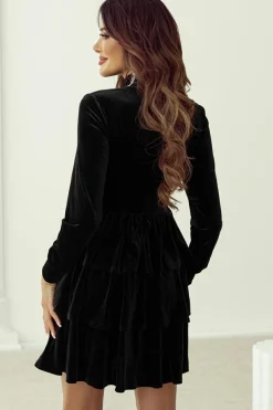 New Dear-Lover Velvet High Neck Tiered Ruffle Mini Dress Black