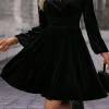 Clearance Dear-Lover Velvet Long Sleeve Surplice High Waist Mini Dress Black