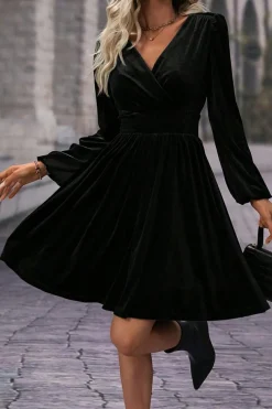 Clearance Dear-Lover Velvet Long Sleeve Surplice High Waist Mini Dress Black