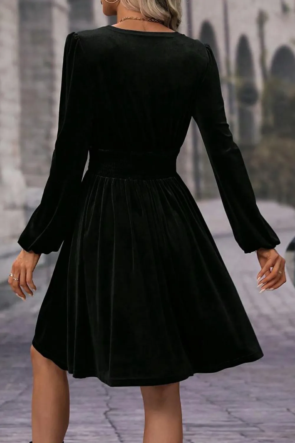 Clearance Dear-Lover Velvet Long Sleeve Surplice High Waist Mini Dress Black