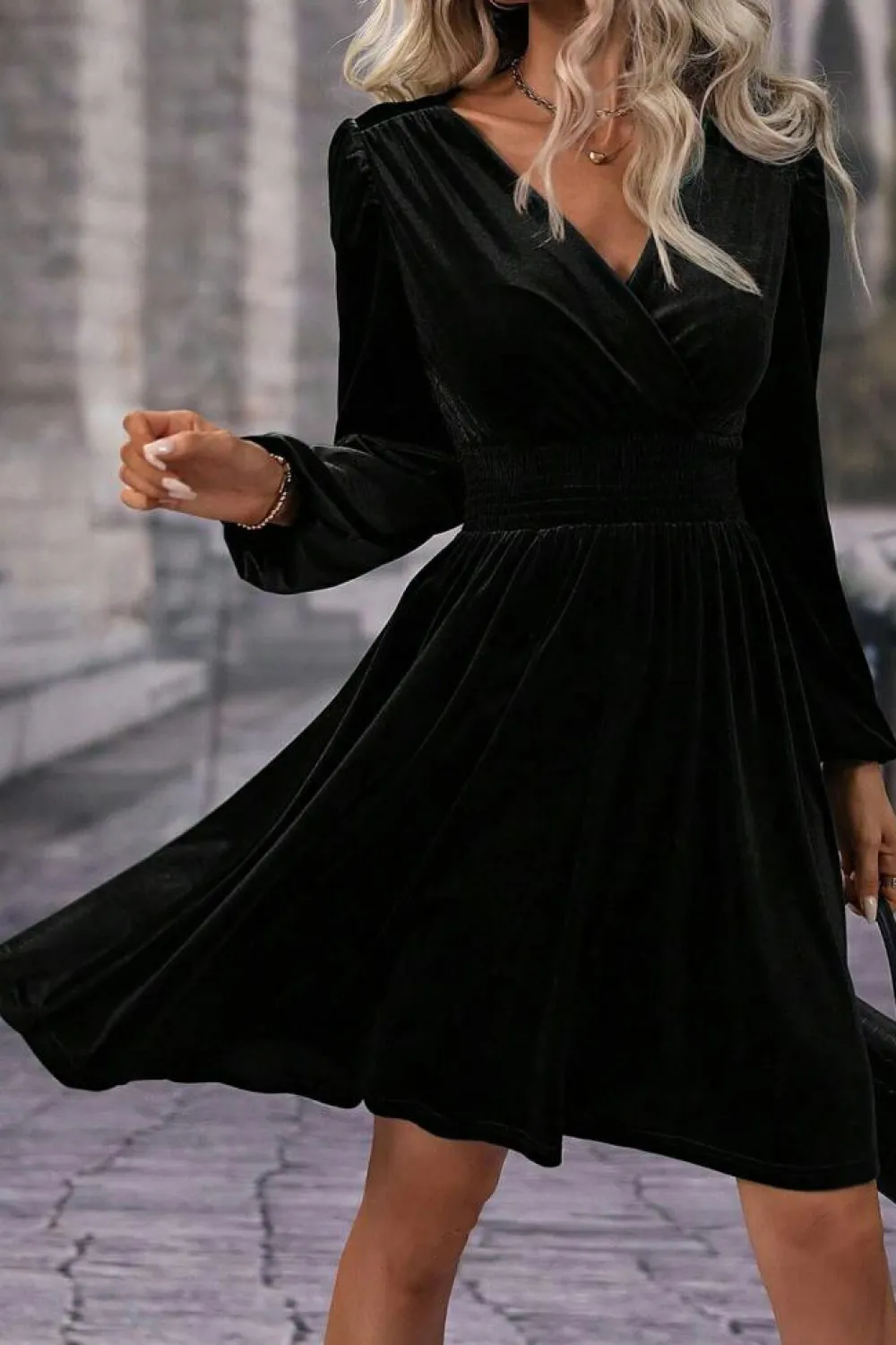 Clearance Dear-Lover Velvet Long Sleeve Surplice High Waist Mini Dress Black