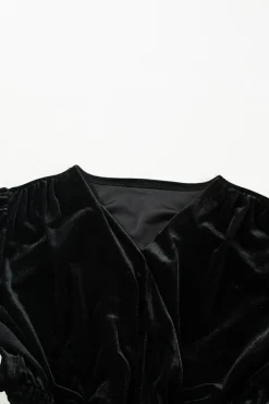 Clearance Dear-Lover Velvet Long Sleeve Surplice High Waist Mini Dress Black