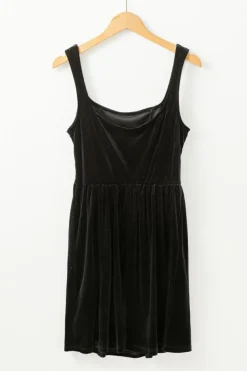 Clearance Dear-Lover Velvet Square Neck Sleeveless High Waist Mini Dress with Pockets Black