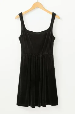 Clearance Dear-Lover Velvet Square Neck Sleeveless High Waist Mini Dress with Pockets Black