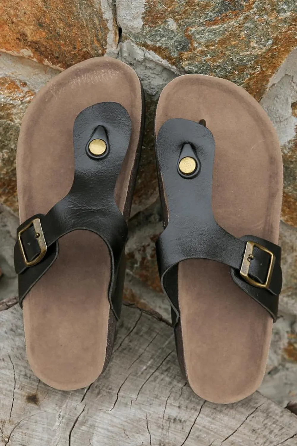 Best Dear-Lover Vintage Buckle PU Leather Thong Slippers Black