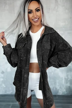 Hot Dear-Lover Vintage Distressed Mineral Wash Oversized Shacket Black