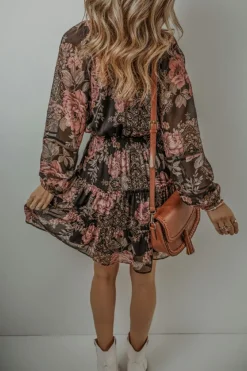 Online Dear-Lover Vintage Floral Puff Sleeve V Neck Smock Waist Dress Black