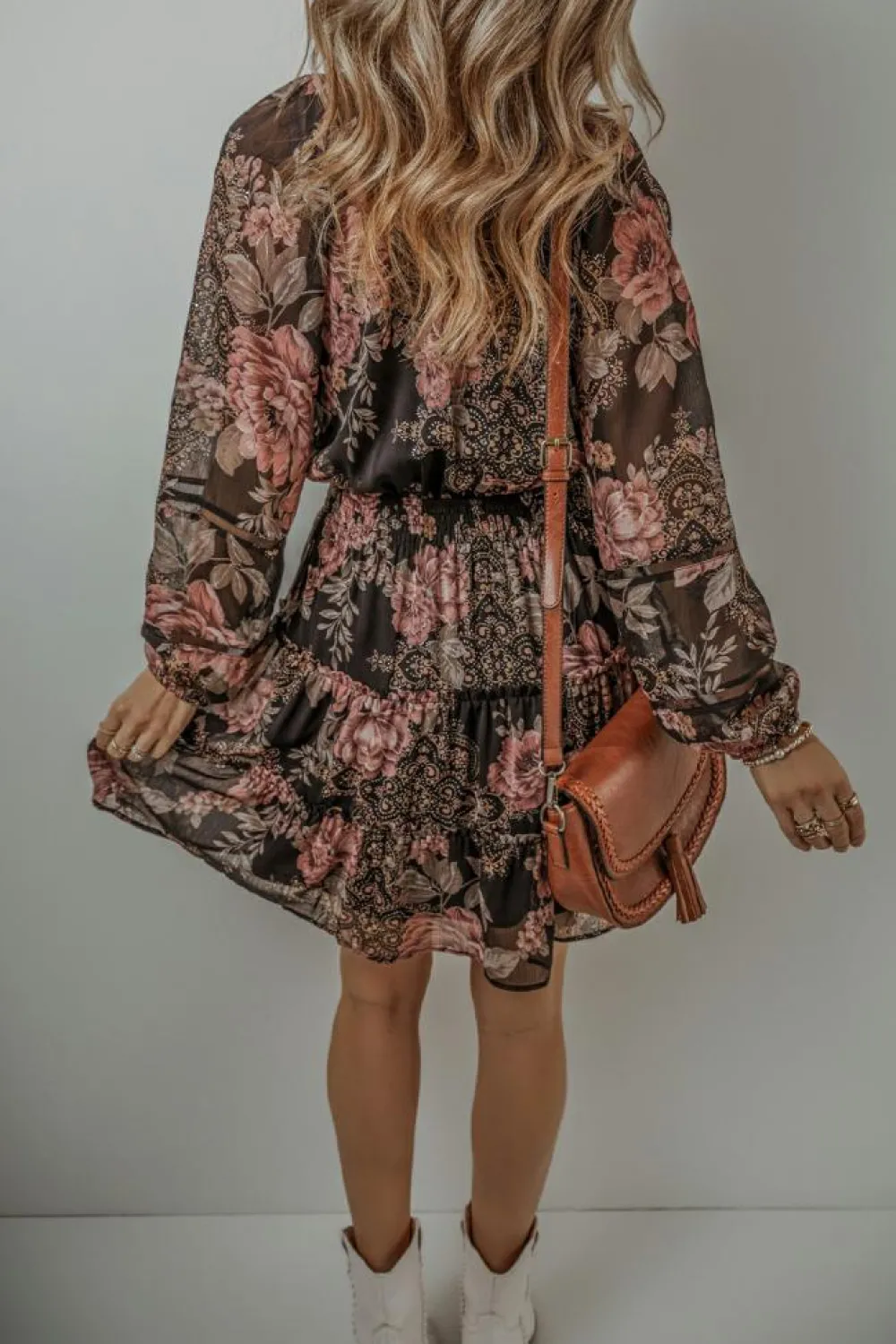Online Dear-Lover Vintage Floral Puff Sleeve V Neck Smock Waist Dress Black