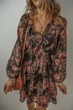 Online Dear-Lover Vintage Floral Puff Sleeve V Neck Smock Waist Dress Black