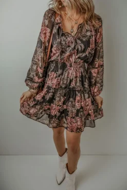 Online Dear-Lover Vintage Floral Puff Sleeve V Neck Smock Waist Dress Black