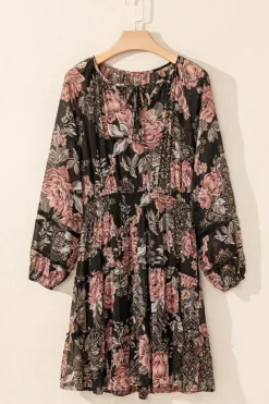 Online Dear-Lover Vintage Floral Puff Sleeve V Neck Smock Waist Dress Black