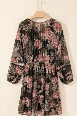 Online Dear-Lover Vintage Floral Puff Sleeve V Neck Smock Waist Dress Black