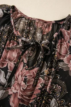 Online Dear-Lover Vintage Floral Puff Sleeve V Neck Smock Waist Dress Black