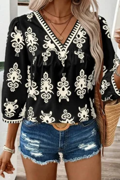 Online Dear-Lover Vintage Geometric Printed 3/4 Sleeve V Neck Blouse Black