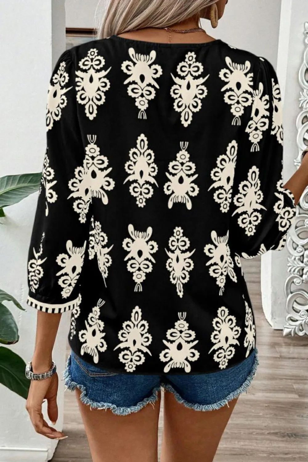Online Dear-Lover Vintage Geometric Printed 3/4 Sleeve V Neck Blouse Black