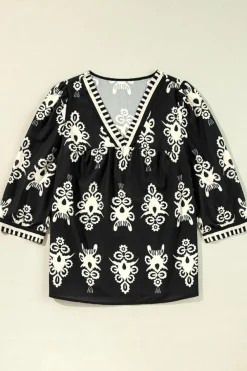 Online Dear-Lover Vintage Geometric Printed 3/4 Sleeve V Neck Blouse Black