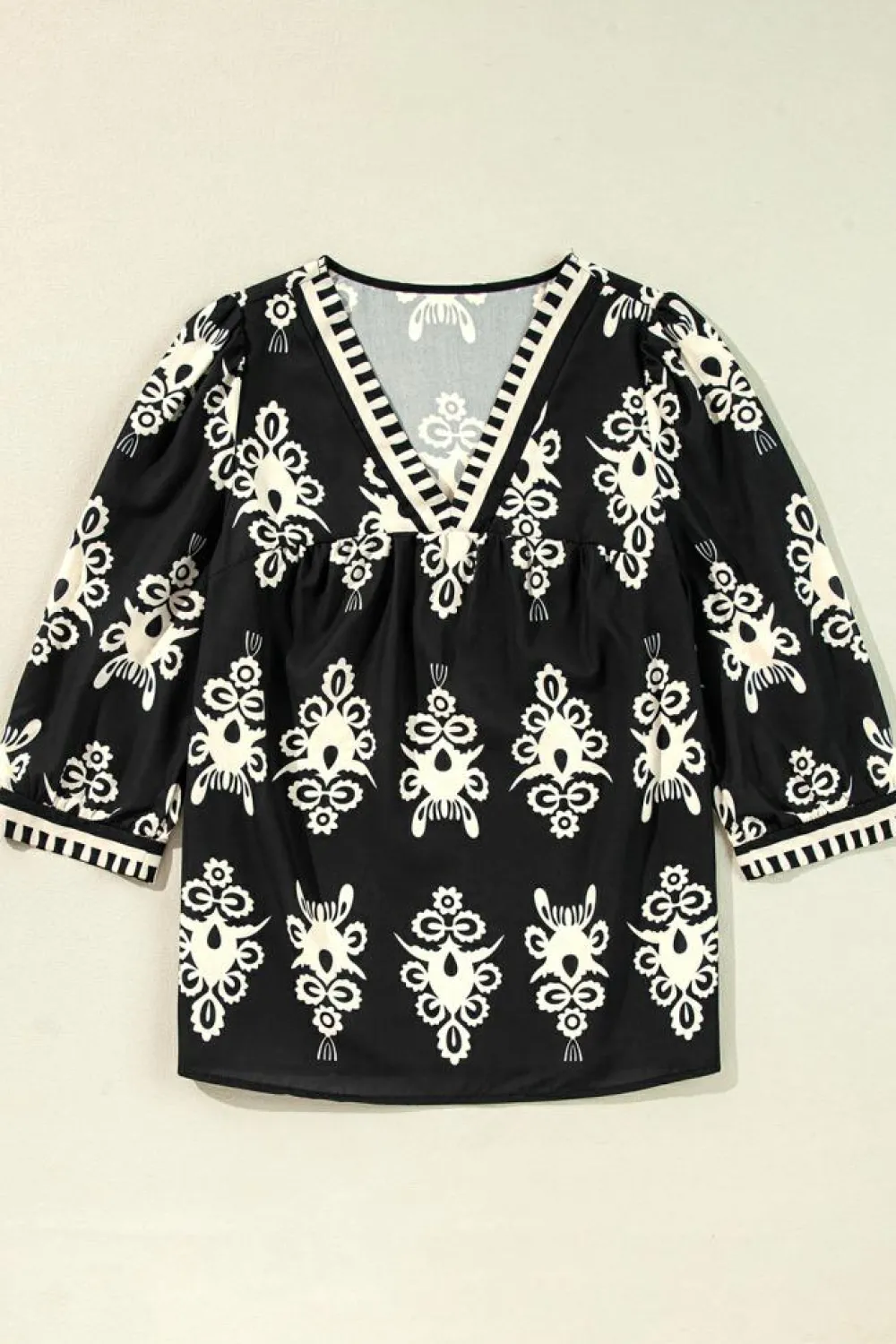 Online Dear-Lover Vintage Geometric Printed 3/4 Sleeve V Neck Blouse Black
