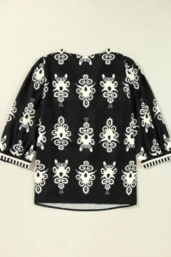 Online Dear-Lover Vintage Geometric Printed 3/4 Sleeve V Neck Blouse Black