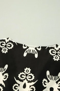 Online Dear-Lover Vintage Geometric Printed 3/4 Sleeve V Neck Blouse Black