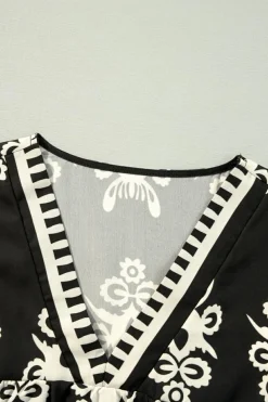 Online Dear-Lover Vintage Geometric Printed 3/4 Sleeve V Neck Blouse Black