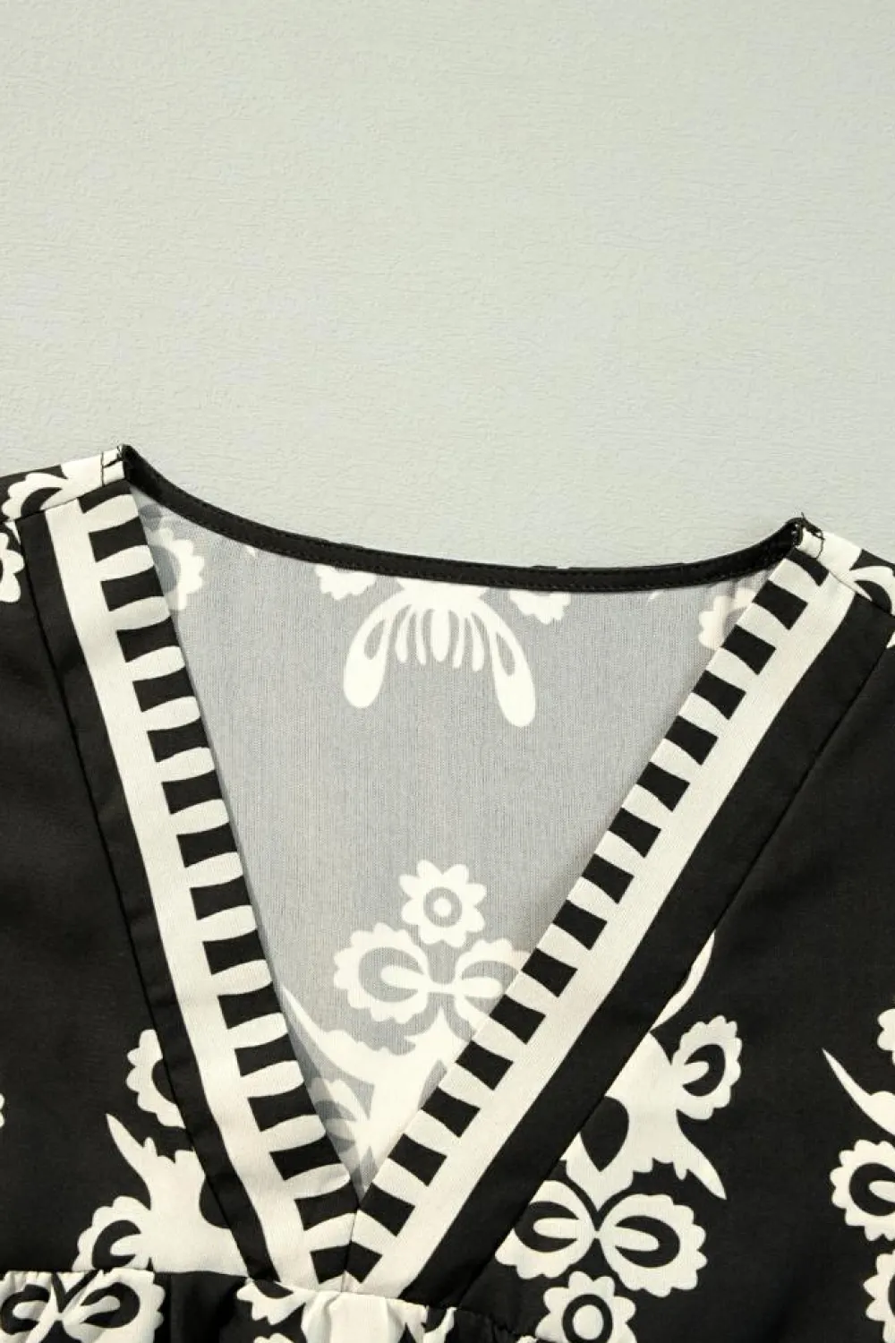 Online Dear-Lover Vintage Geometric Printed 3/4 Sleeve V Neck Blouse Black