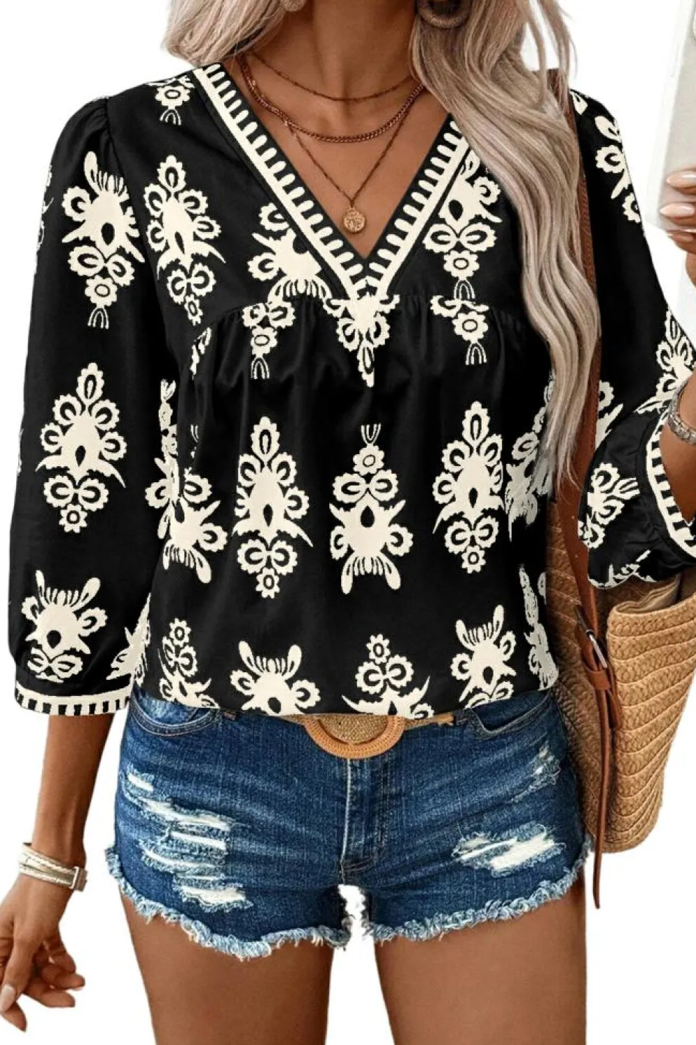 Online Dear-Lover Vintage Geometric Printed 3/4 Sleeve V Neck Blouse Black