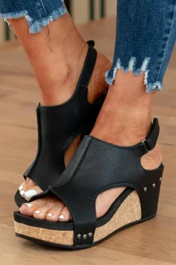 Sale Dear-Lover Vintage Leather Stitching Studded Wedge Sandals Black