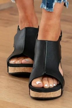 Sale Dear-Lover Vintage Leather Stitching Studded Wedge Sandals Black