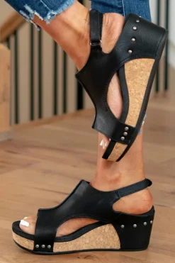 Sale Dear-Lover Vintage Leather Stitching Studded Wedge Sandals Black