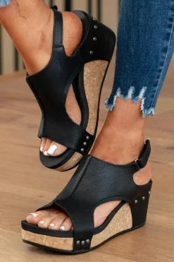 Sale Dear-Lover Vintage Leather Stitching Studded Wedge Sandals Black