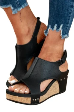 Sale Dear-Lover Vintage Leather Stitching Studded Wedge Sandals Black