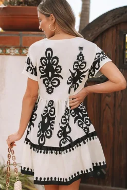 Online Dear-Lover Vintage Print V Neck High Waist Short Sleeve Dress Black