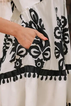 Online Dear-Lover Vintage Print V Neck High Waist Short Sleeve Dress Black