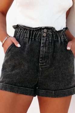 Online Dear-Lover Vintage Washed Frilled High Waist Denim Shorts Black