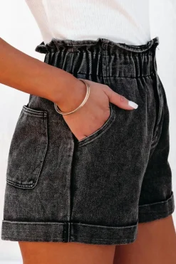 Online Dear-Lover Vintage Washed Frilled High Waist Denim Shorts Black
