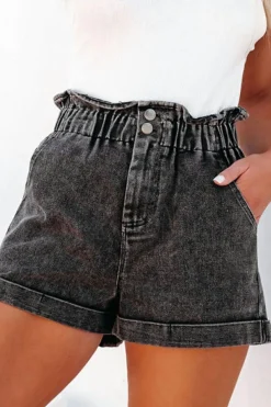Online Dear-Lover Vintage Washed Frilled High Waist Denim Shorts Black