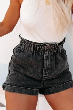 Online Dear-Lover Vintage Washed Frilled High Waist Denim Shorts Black