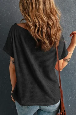 Outlet Dear-Lover Waffle Knit Boat Neck Short Sleeve Top Black
